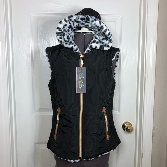 Saeldon Women Reversible Black White Animal Print Pockets Zippered Vest  L - Picture 2 of 15